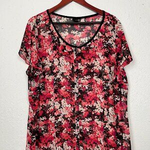 East 5th Womens Size 2X Pink Brown Floral Sheer Button Up Blouse Top 181